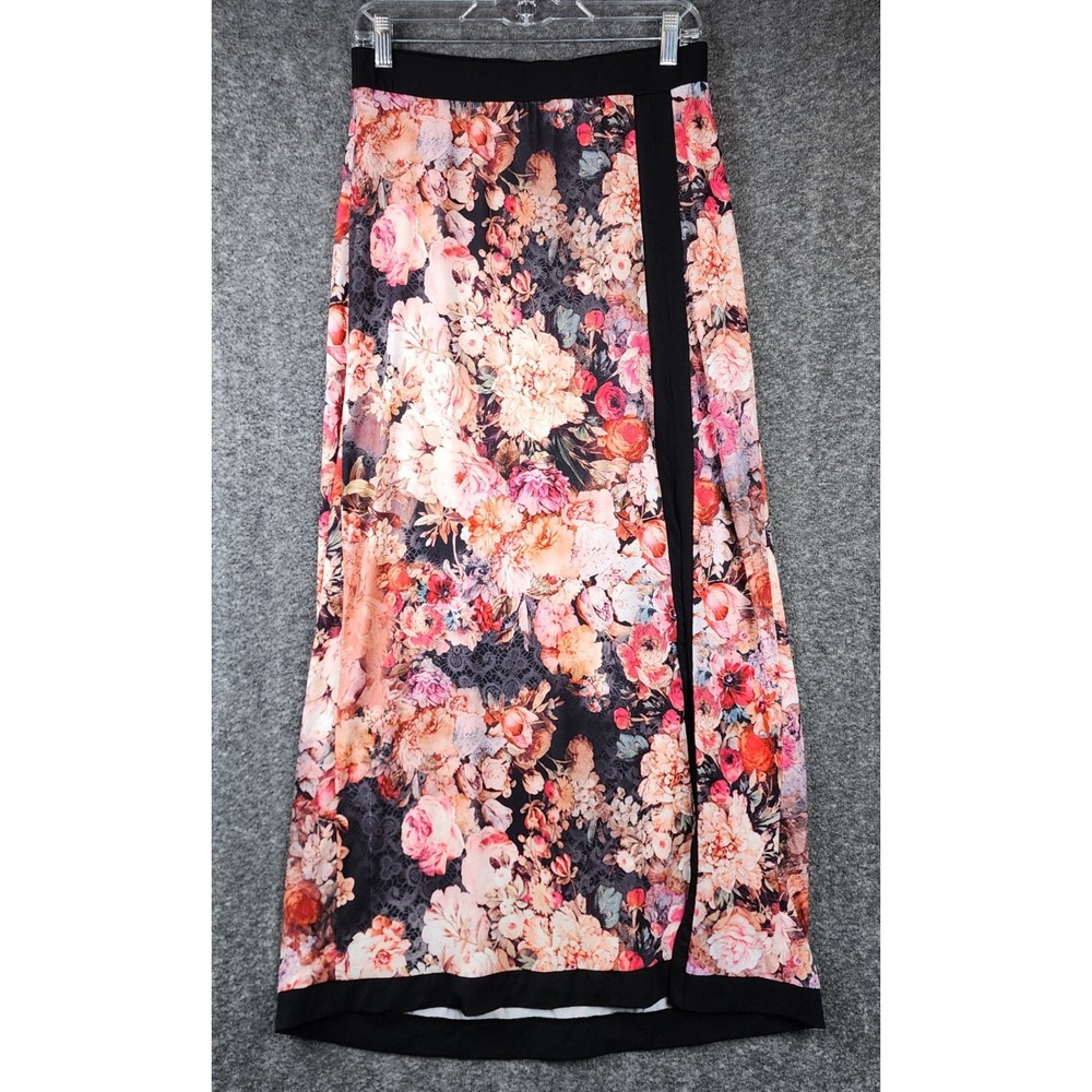 ECI Maxi Skirt Womens S Floral Print Side Slit Pink Orange Black EUC